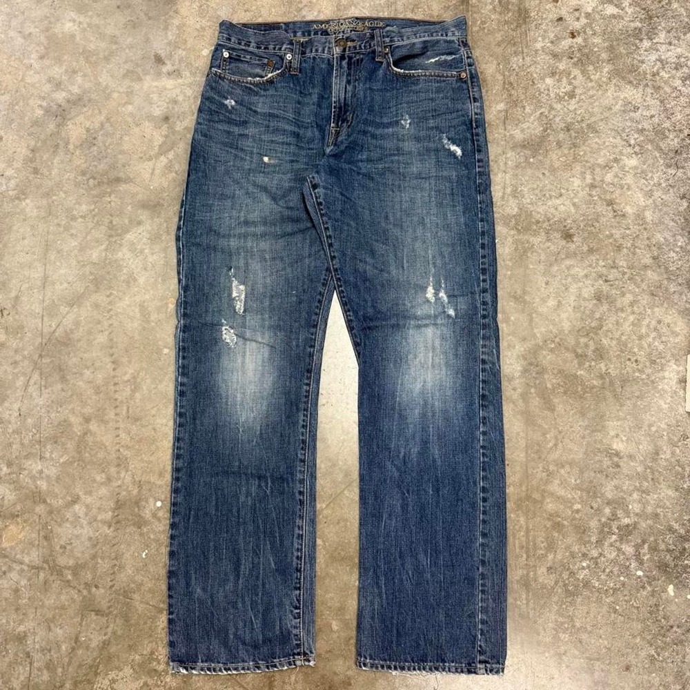 American Eagle Relaxed Straight Dark Wash Distressed Jeans 34x32 Y2K Vintage